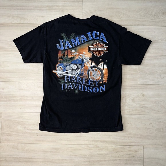 Harley Davidson T-Shirt Jamaica L Black Motorcycle‎ Graphic Print Palm Tree Y2K - Picture 1 of 5